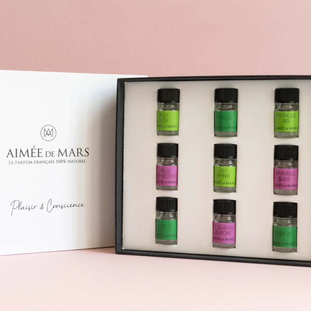 Aimée de Mars Prestige Discovery Set — 9 x 2 ml natural perfumes, Cosmos Organic & Natural certified, vegan, hormone-free, pregnancy safe. Made in France | LaPeNu
