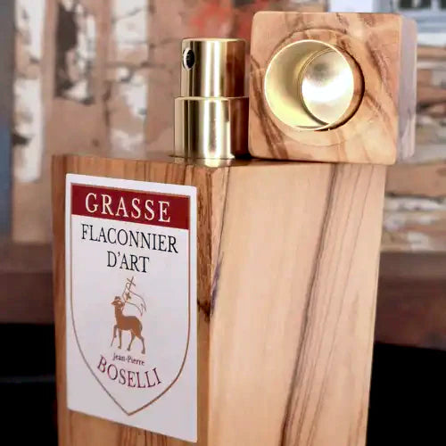 Boselli Mandarin olive wood flacon, gold pump and Grasse Flaconnier d'Art label, 30 ml | LaPeNu