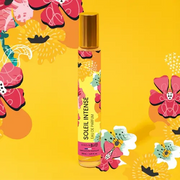 Natural eau de parfum, jasmine, vanilla, amber and citrus notes, sunny floral yellow backdrop, made in Vichy, France | LaPeNu