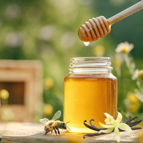 Honey jar with vanilla pods and bee — warm, sweet vanilla fragrance inspiration for organic eau de toilette | LaPeNu