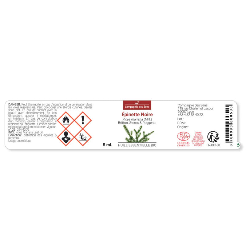 Black Spruce essential oil label – Picea mariana, certified organic FR-BIO-01, COSMOS certified, steam-distilled from needles | LaPeNu
