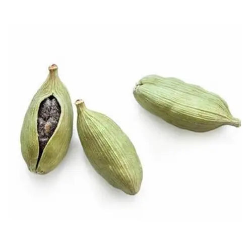 Elettaria cardamomum – green cardamom seed pods, one open revealing seeds – source of organic essential oil | LaPeNu