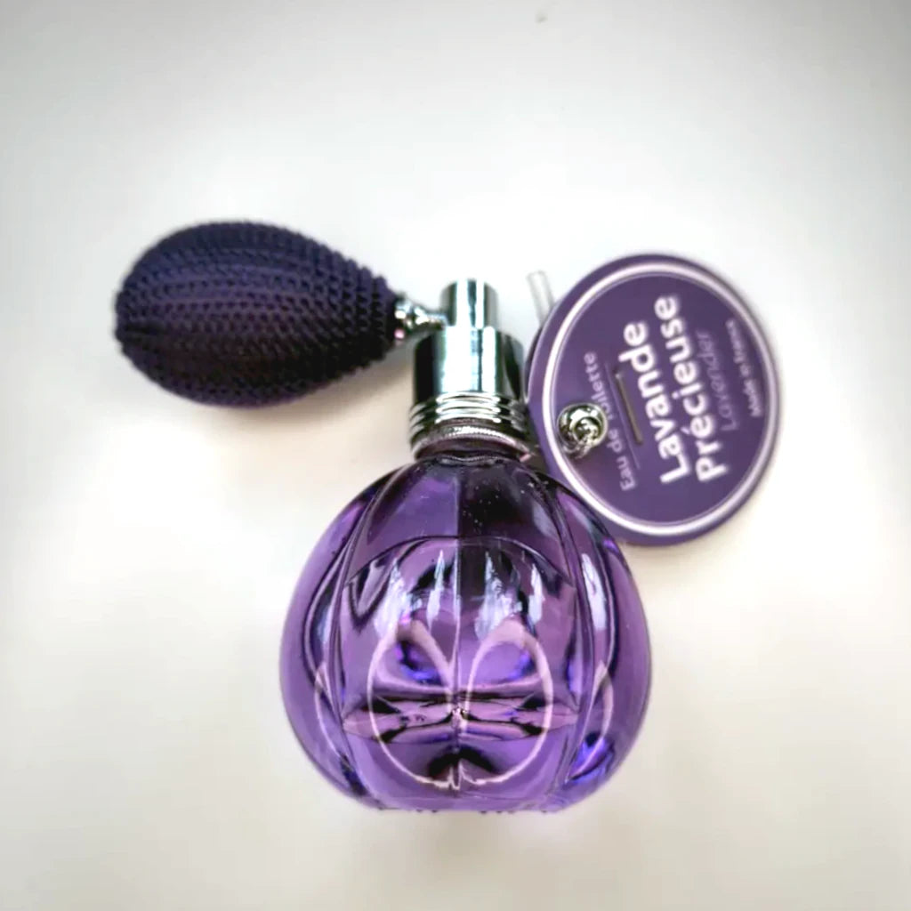 Lavande Précieuse 12 ml travel size – retro glass flacon with fabric-covered poire bulb. Natural lavender EdT, citrus & coumarin, refillable. Made in France | LaPeNu