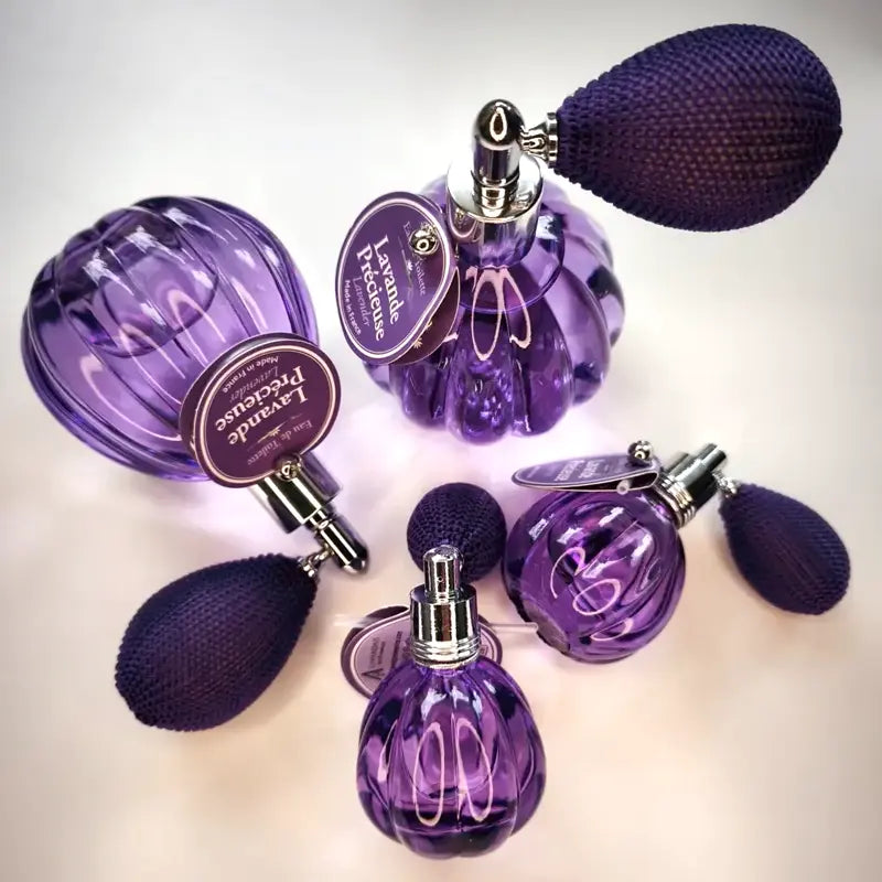 Lavande Précieuse natural lavender EdT – all sizes of refillable retro poire flacons, engraved purple glass. Floral fougère, natural fragrance. Made in France | LaPeNu