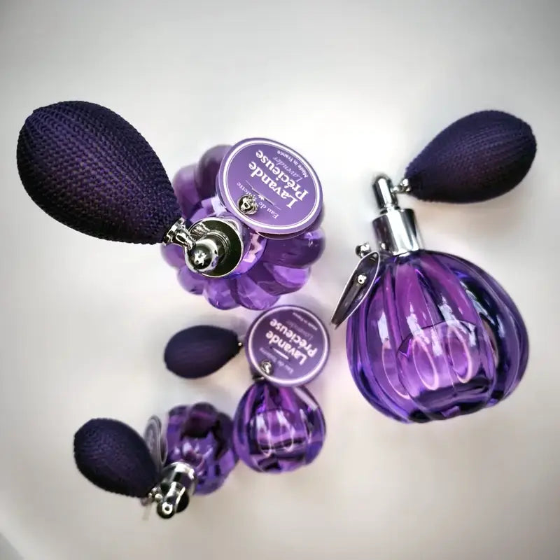 Lavande Précieuse natural lavender EdT – full range of retro poire flacons, all sizes. Refillable, calming, natural fragrance from Drôme-Provençale. Made in France | LaPeNu