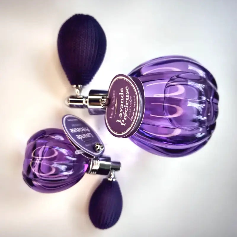 Lavande Précieuse 12 ml & 60 ml natural lavender EdT – both refillable retro poire flacons side by side. Floral, fougère, calming. Made in France | LaPeNu