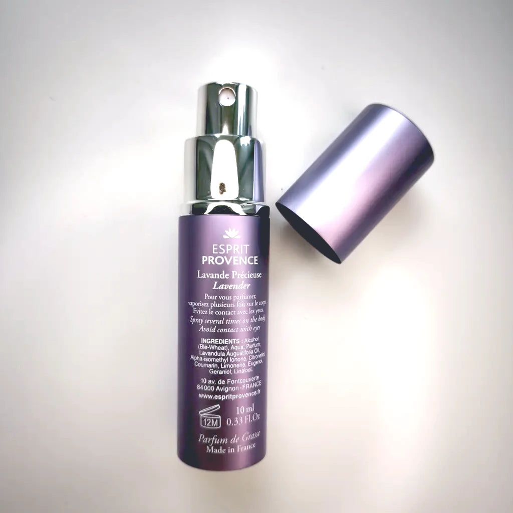 Lavande Précieuse 10 ml travel spray open — Fine Lavender EO, natural alcohol, no parabens. Parfum de Grasse. Made in France | LaPeNu