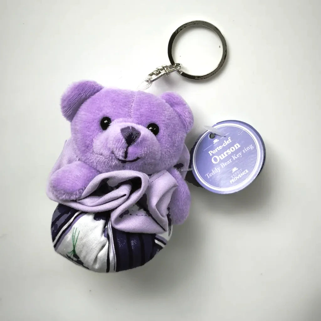 Teddy Bear lavender keychain with dried flower filling, cotton and velour finish and durable metal ring. Made in France | Lapenu