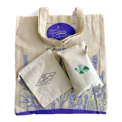 Natural cotton tote bag with lavender print and organic cotton drawstring pouches, eco-friendly travel accessories | LaPeNu