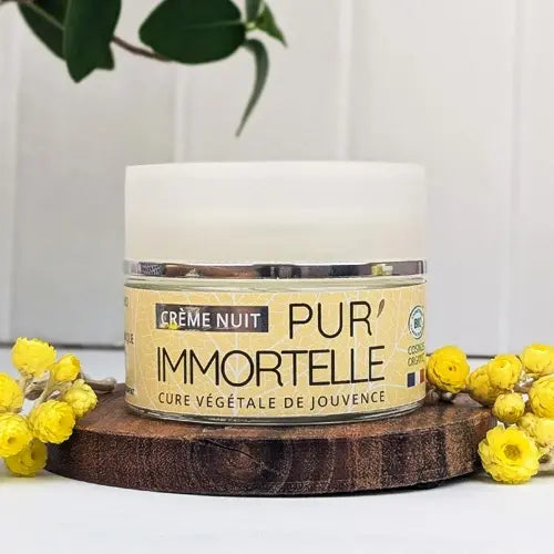 Organic Immortelle night cream — firms, plumps & regenerates skin overnight. Anti-aging & deeply nourishing. Provence, France | LaPeNu