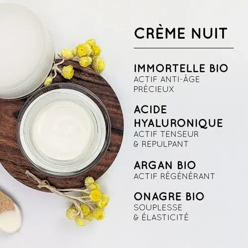 Night cream with organic Immortelle, hyaluronic acid, Argan & Evening Primrose — firms, plumps, regenerates & restores elasticity. Provence, France | LaPeNu