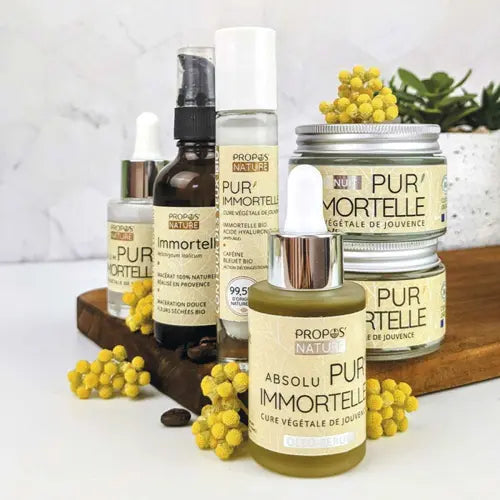 Organic immortelle anti-ageing range: face oil, serum, micellar water, day and night cream, Provence, France | LaPeNu