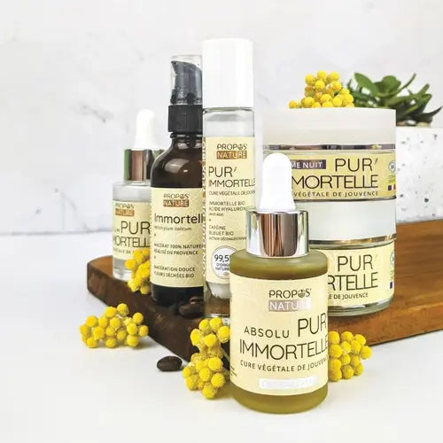 Organic immortelle anti-ageing range: face oil, serum, micellar water, day and night cream, Provence, France | LaPeNu