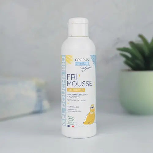 Propolis Bébé Fri'Mousse gentle cleansing gel bottle on bathroom shelf – certified organic, for babies, pregnant and breastfeeding women, France | LaPeNu