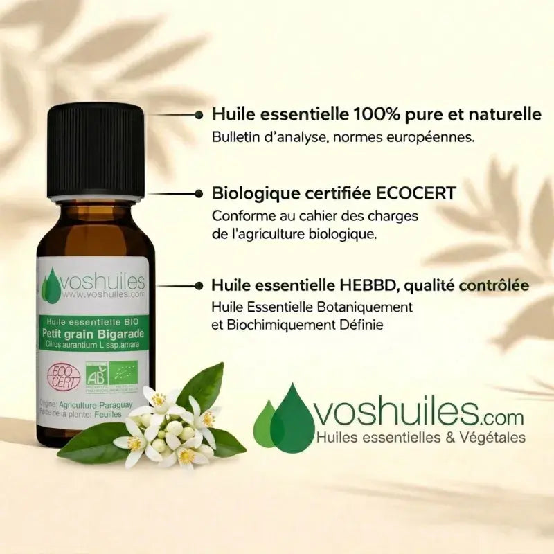 Organic petit grain bigarade (Citrus aurantium) essential oil, ECOCERT certified, HEBBD, calming, France | LaPeNu