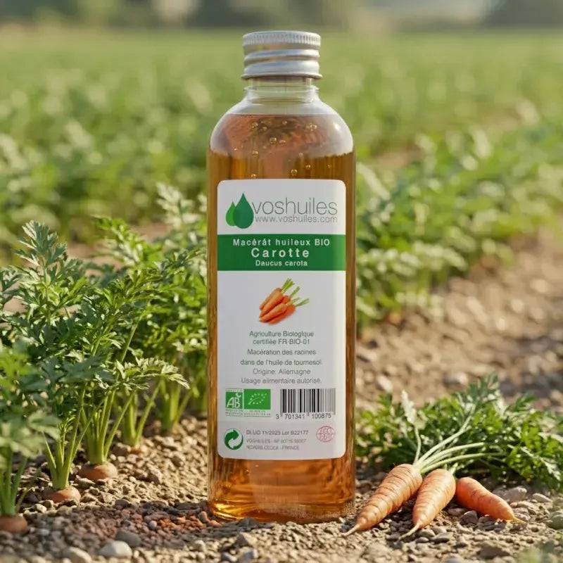 Organic carrot oil macerate in a carrot field – sun care, skin repair, anti-aging – made in France & Germany | LaPeNu