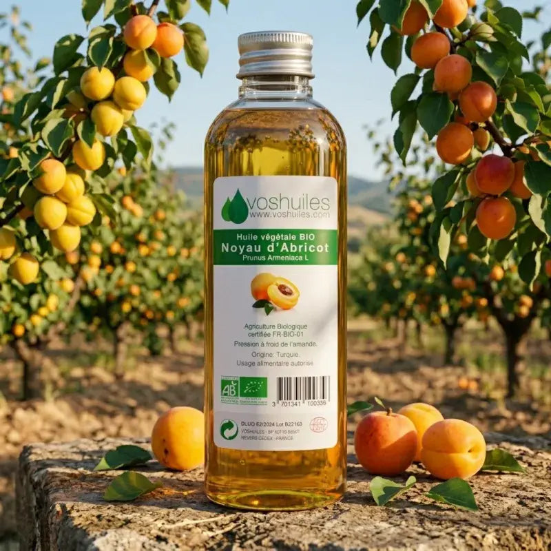 Organic apricot kernel oil bottle in apricot orchard, cold-pressed carrier oil, Ecocert & AB certified organic, skin & hair care | LaPeNu