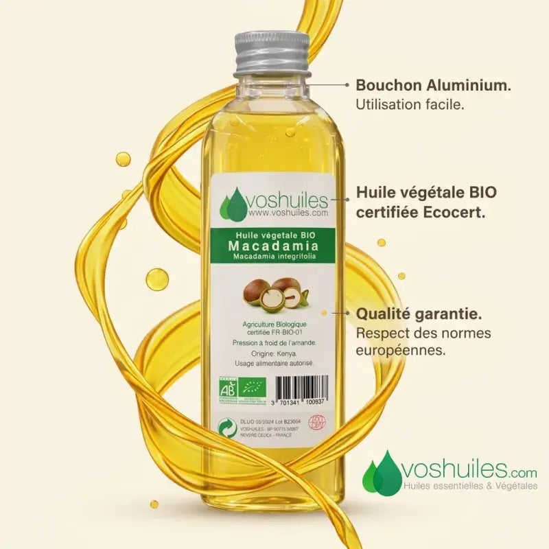 Ecocert-certified organic macadamia oil – European quality standards – aluminum cap – 100% pure cold-pressed vegetable oil | LaPeNu