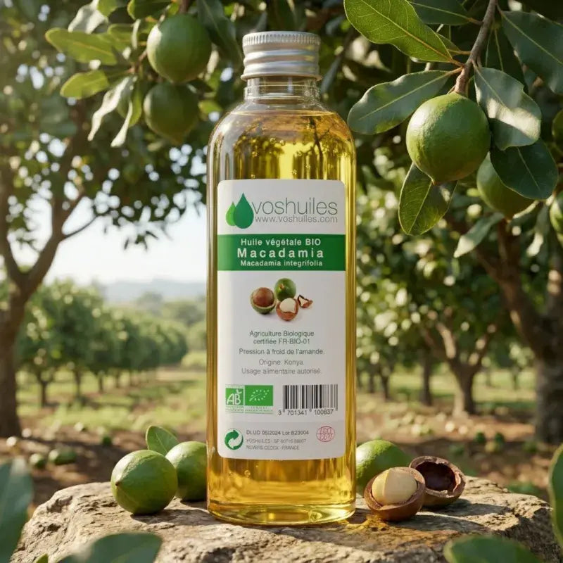 Organic macadamia vegetable oil bottle in macadamia orchard – cold-pressed – pure & natural – Ecocert & AB certified organic | LaPeNu