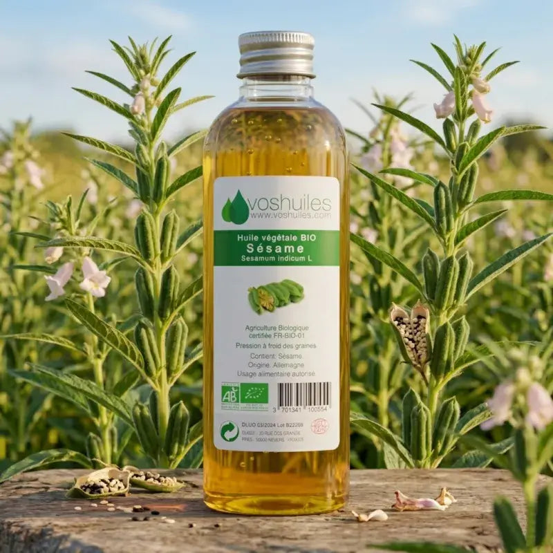 Organic sesame oil bottle in sesame field – cold-pressed, pure, Ecocert & AB certified organic, UV-protective skin & hair oil | LaPeNu
